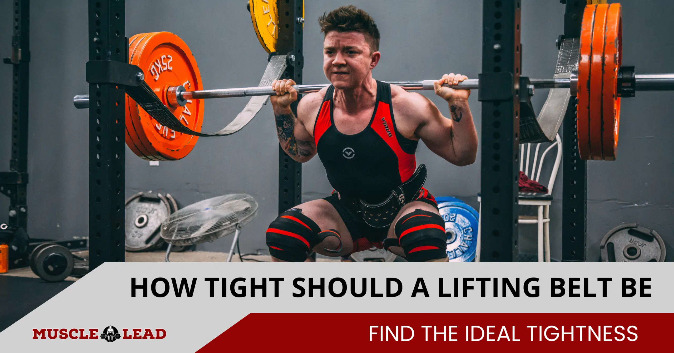 A male lifter lifting weights and the text in photo 'how tight should a lifting belt be'